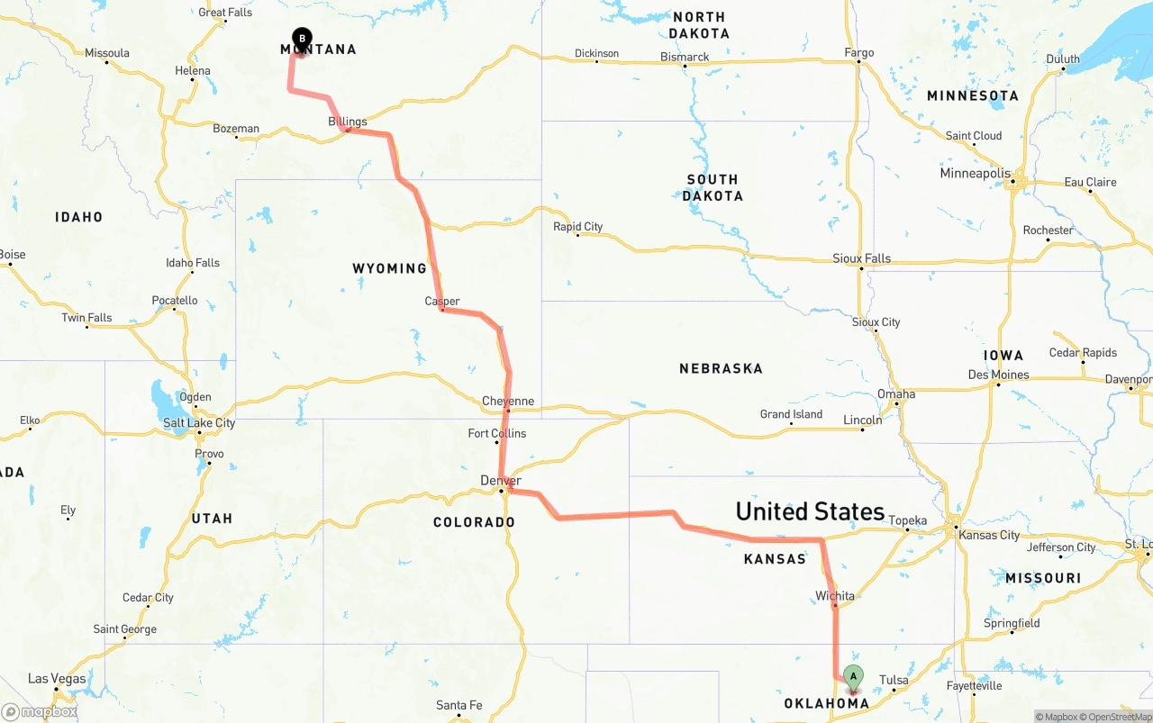 Shipping route from Oklahoma to Montana