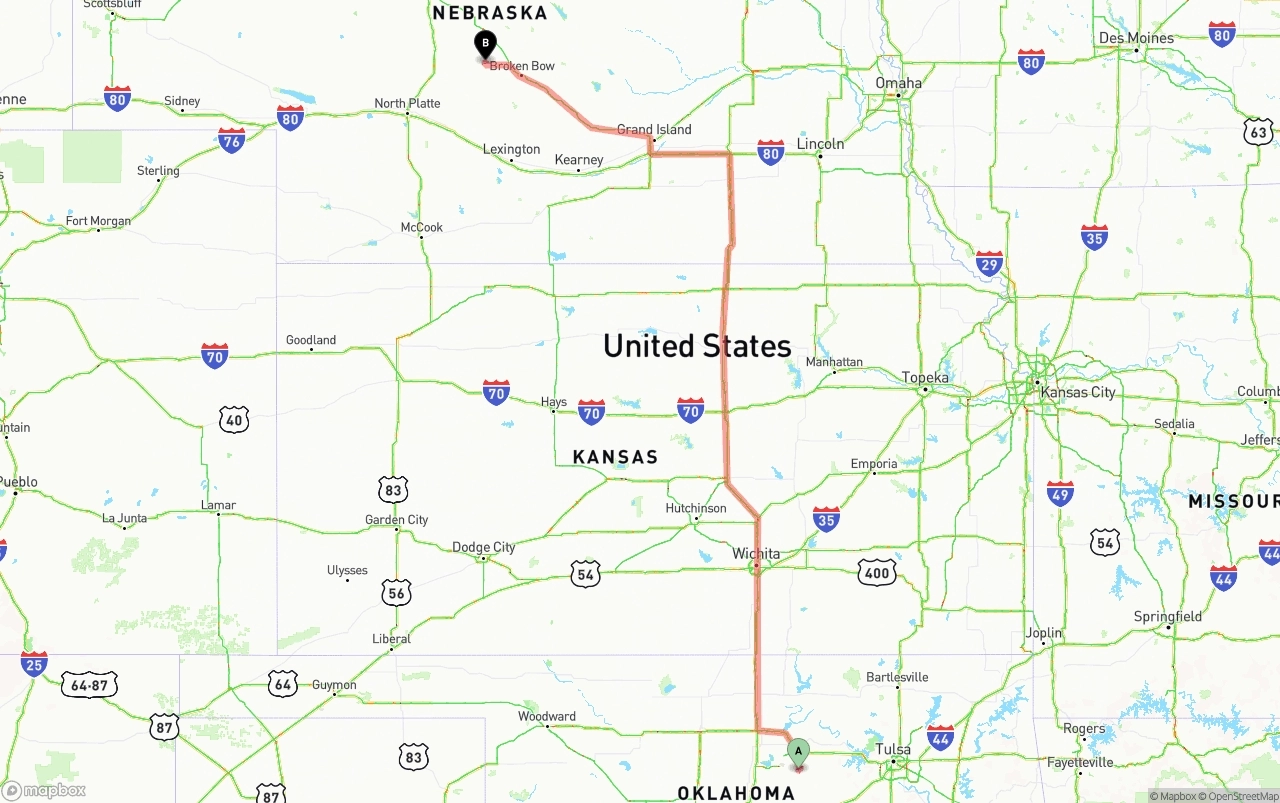 Shipping route from Oklahoma to Nebraska