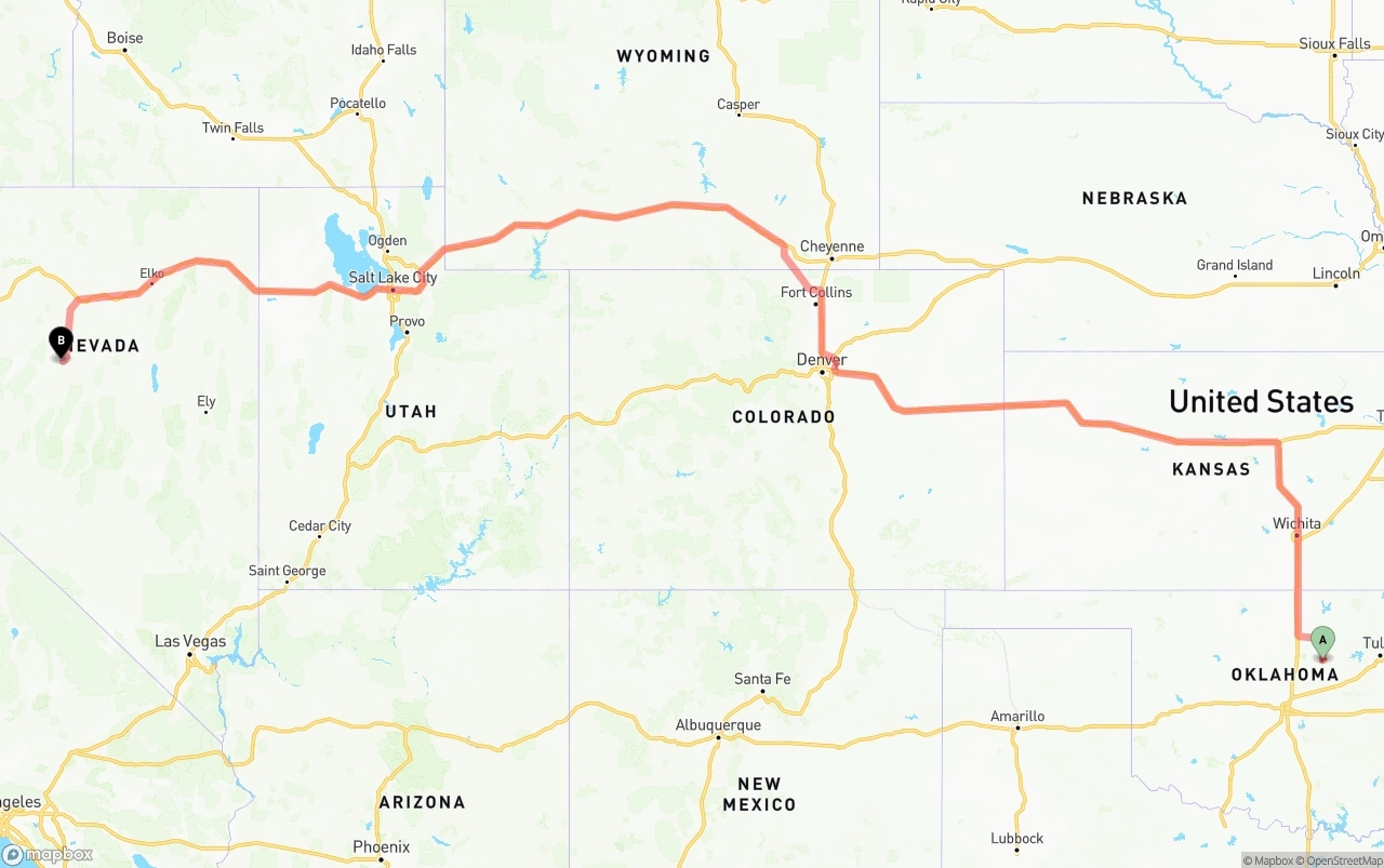 Shipping route from Oklahoma to Nevada