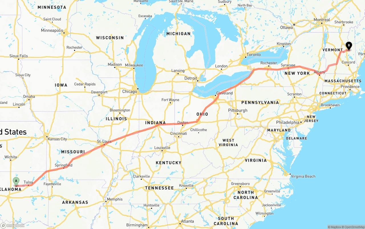 Shipping route from Oklahoma to New Hampshire