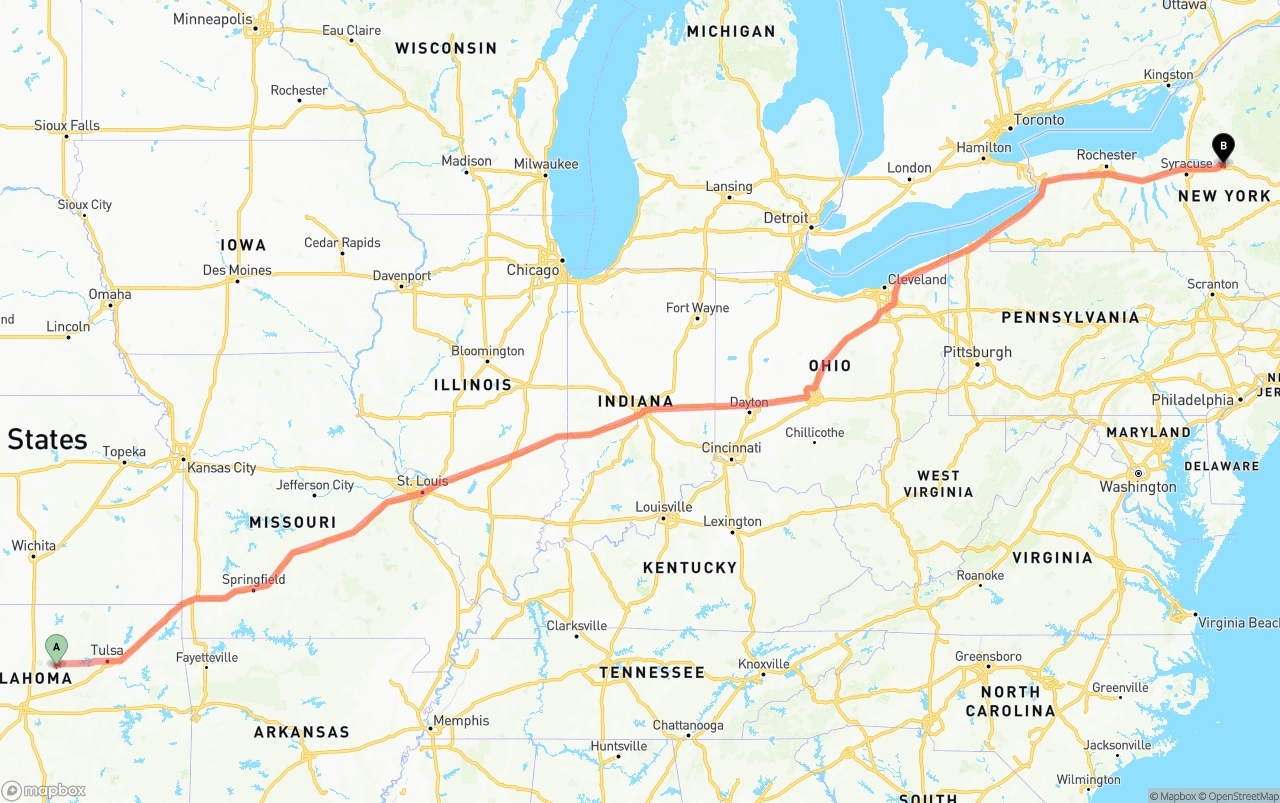 Shipping route from Oklahoma to New York