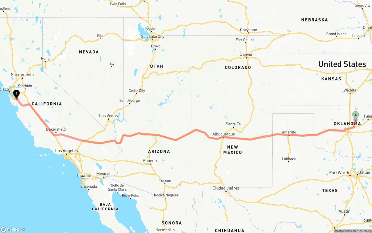 Shipping route from Oklahoma to Norman Y. Mineta San Jose International Airport