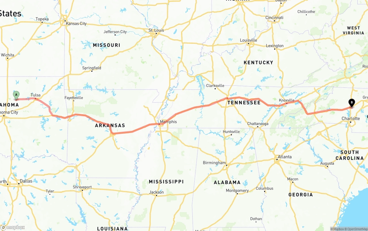 Shipping route from Oklahoma to North Carolina