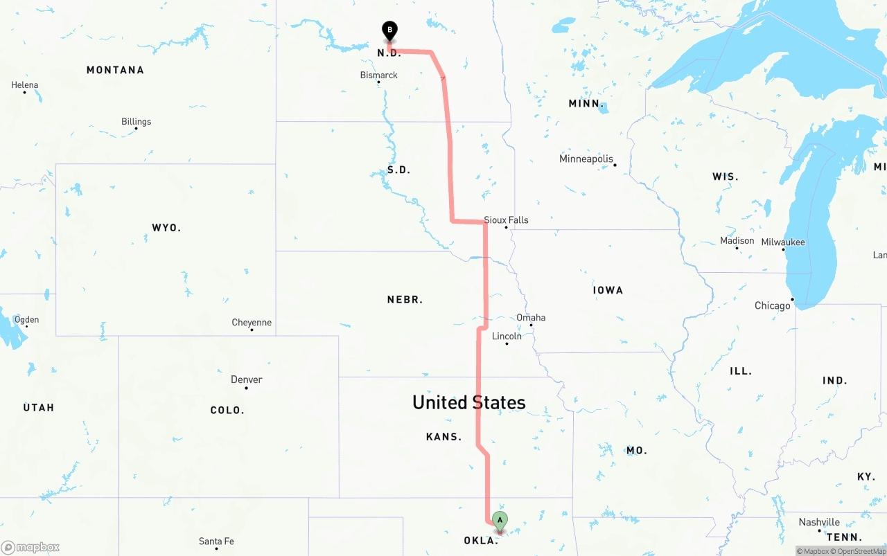 Shipping route from Oklahoma to North Dakota