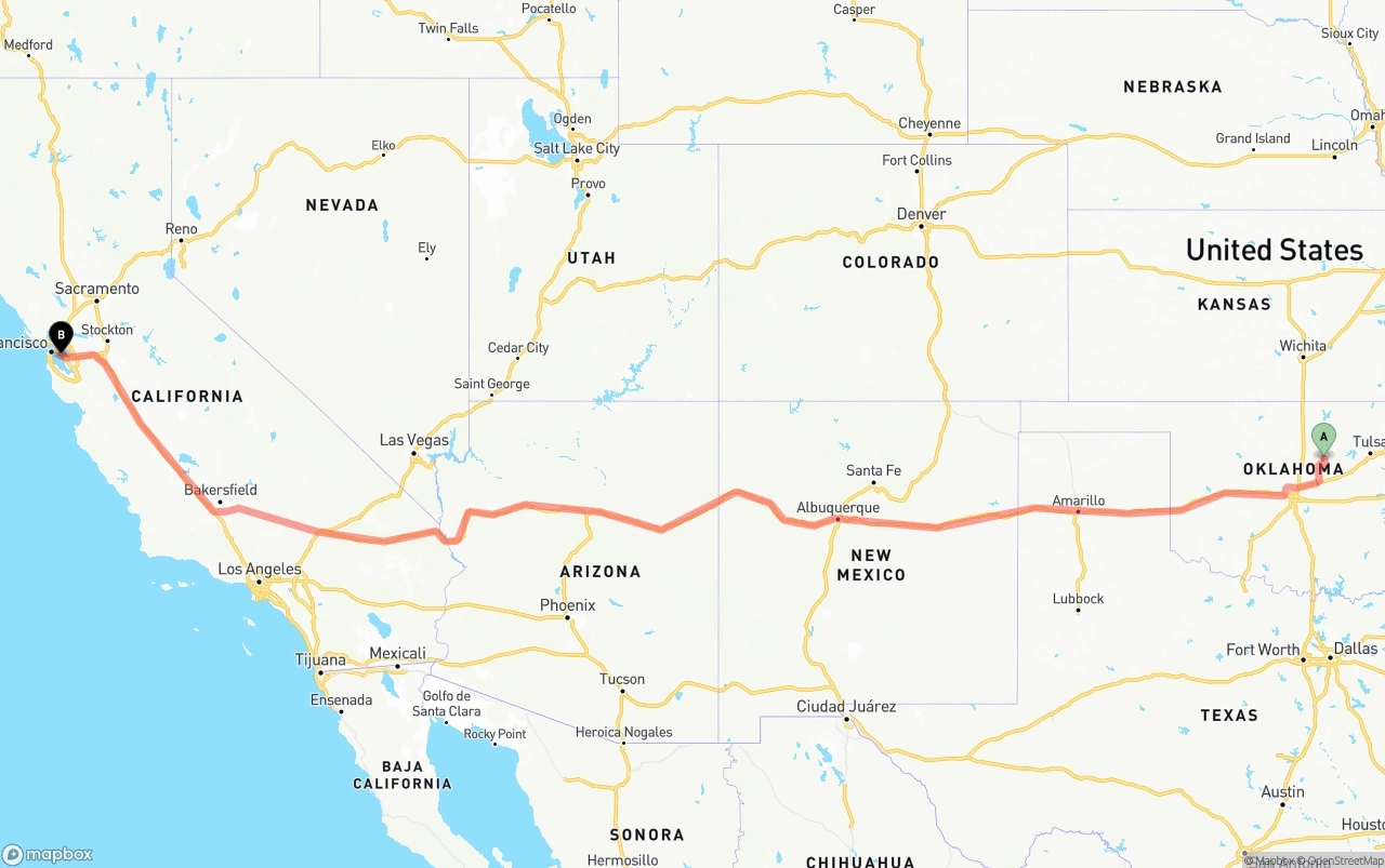 Shipping route from Oklahoma to Oakland International Airport