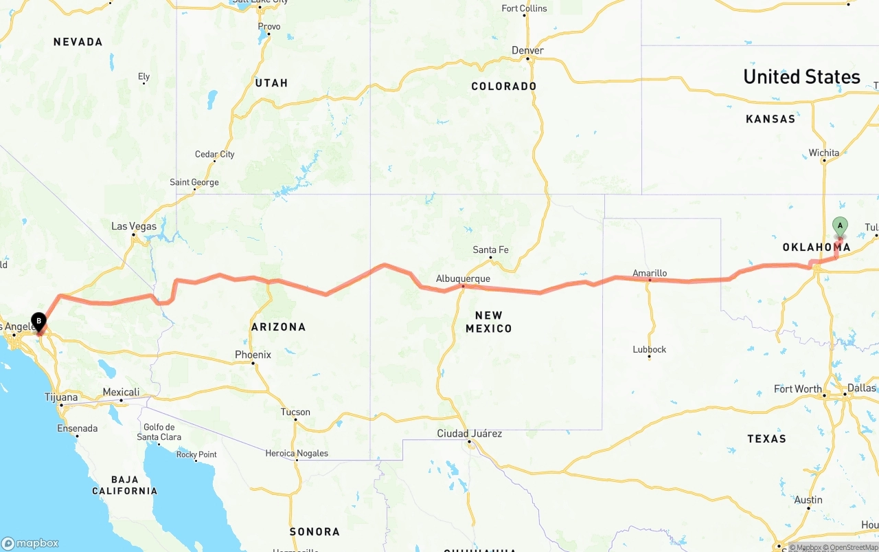 Shipping route from Oklahoma to Ontario International Airport