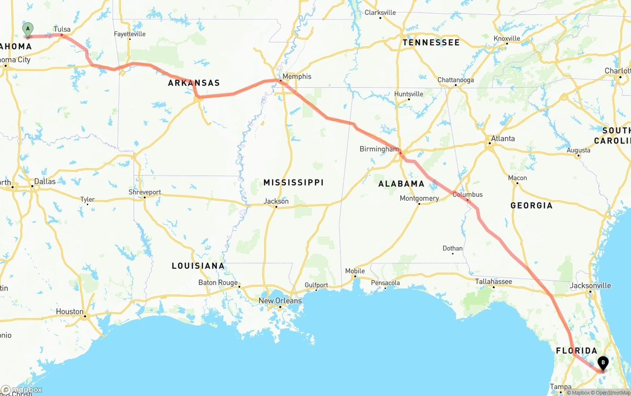 Shipping route from Oklahoma to Orlando International Airport