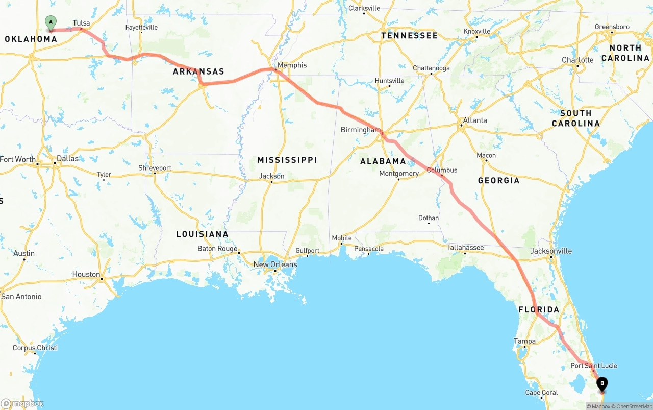 Shipping route from Oklahoma to Palm Beach International Airport