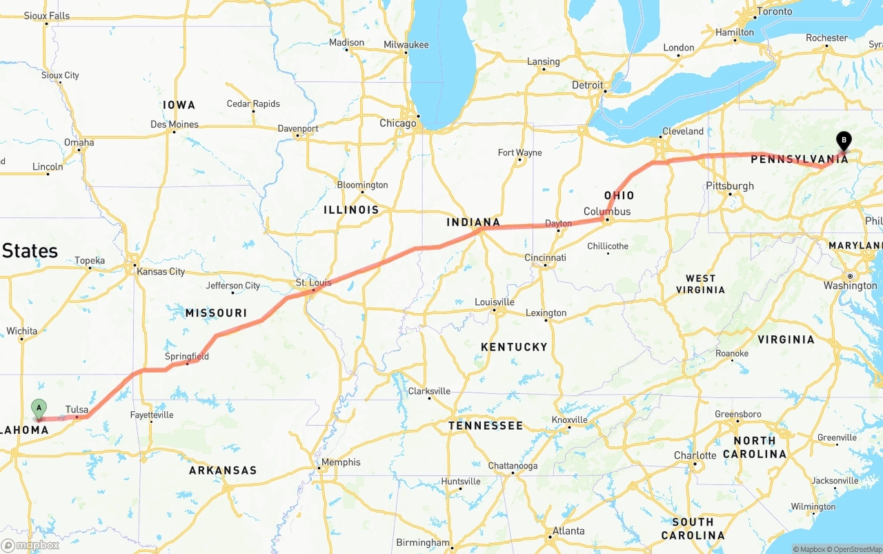 Shipping route from Oklahoma to Pennsylvania