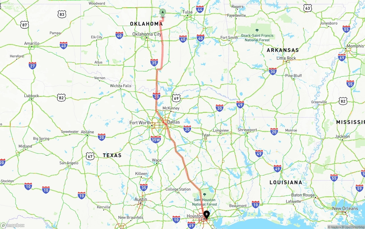 Shipping route from Oklahoma to Port of Houston