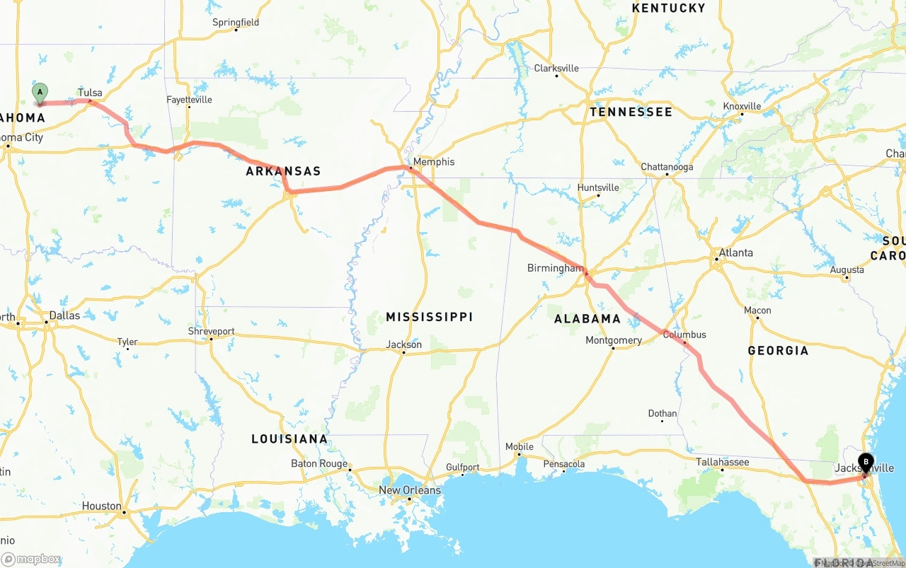 Shipping route from Oklahoma to Port of Jacksonville