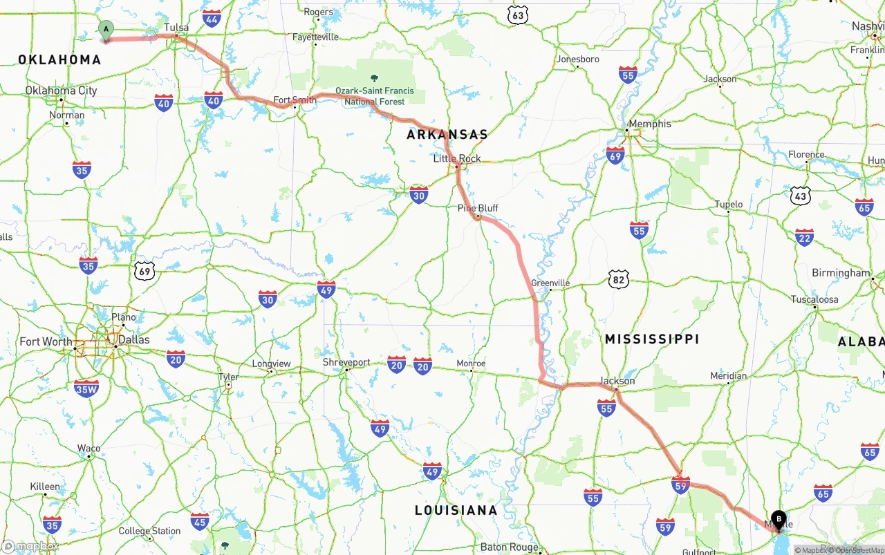 Shipping route from Oklahoma to Port of Mobile