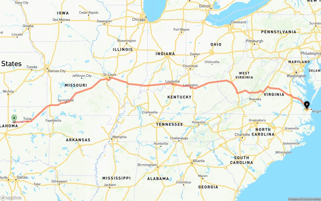 Shipping route from Oklahoma to Port of Norfolk