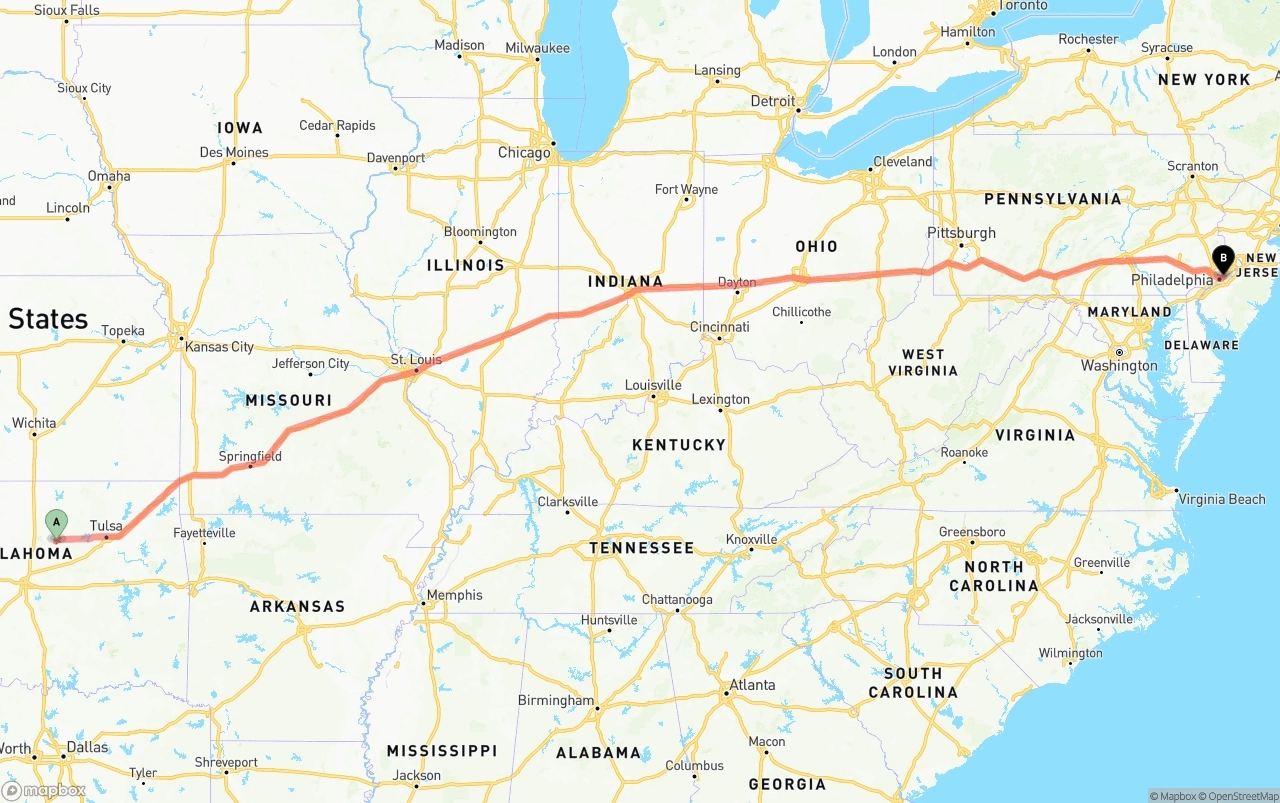 Shipping route from Oklahoma to Port of Philadelphia