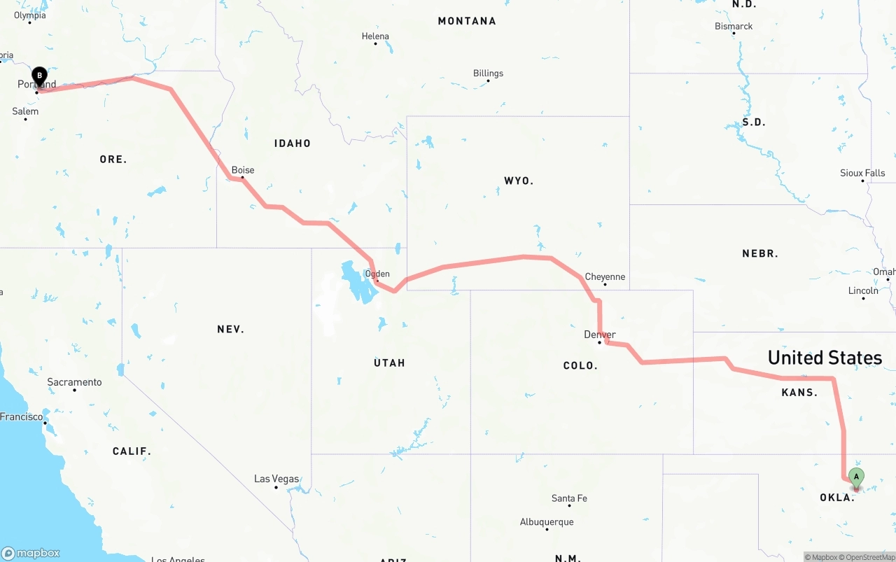 Shipping route from Oklahoma to Port of Portland