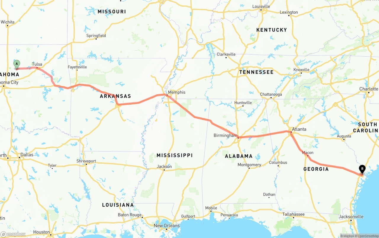 Shipping route from Oklahoma to Port of Savannah