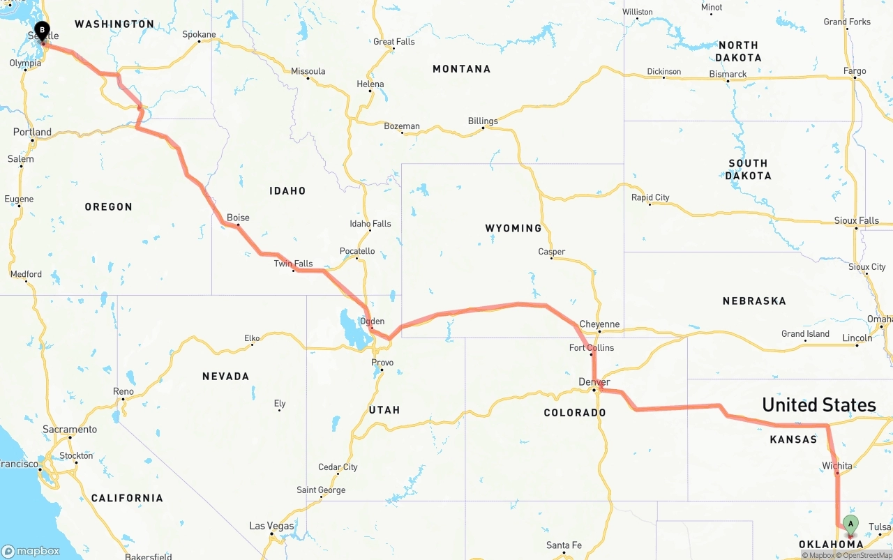 Shipping route from Oklahoma to Port of Seattle