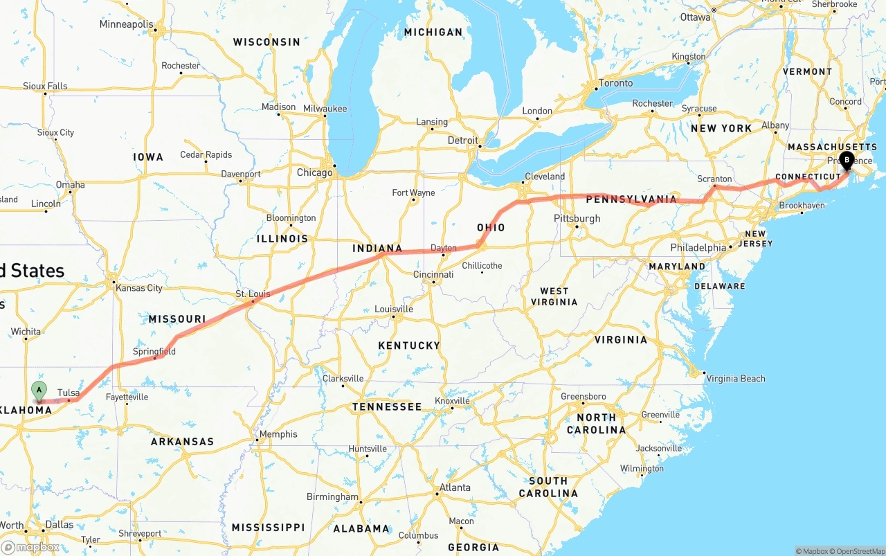 Shipping route from Oklahoma to Rhode Island