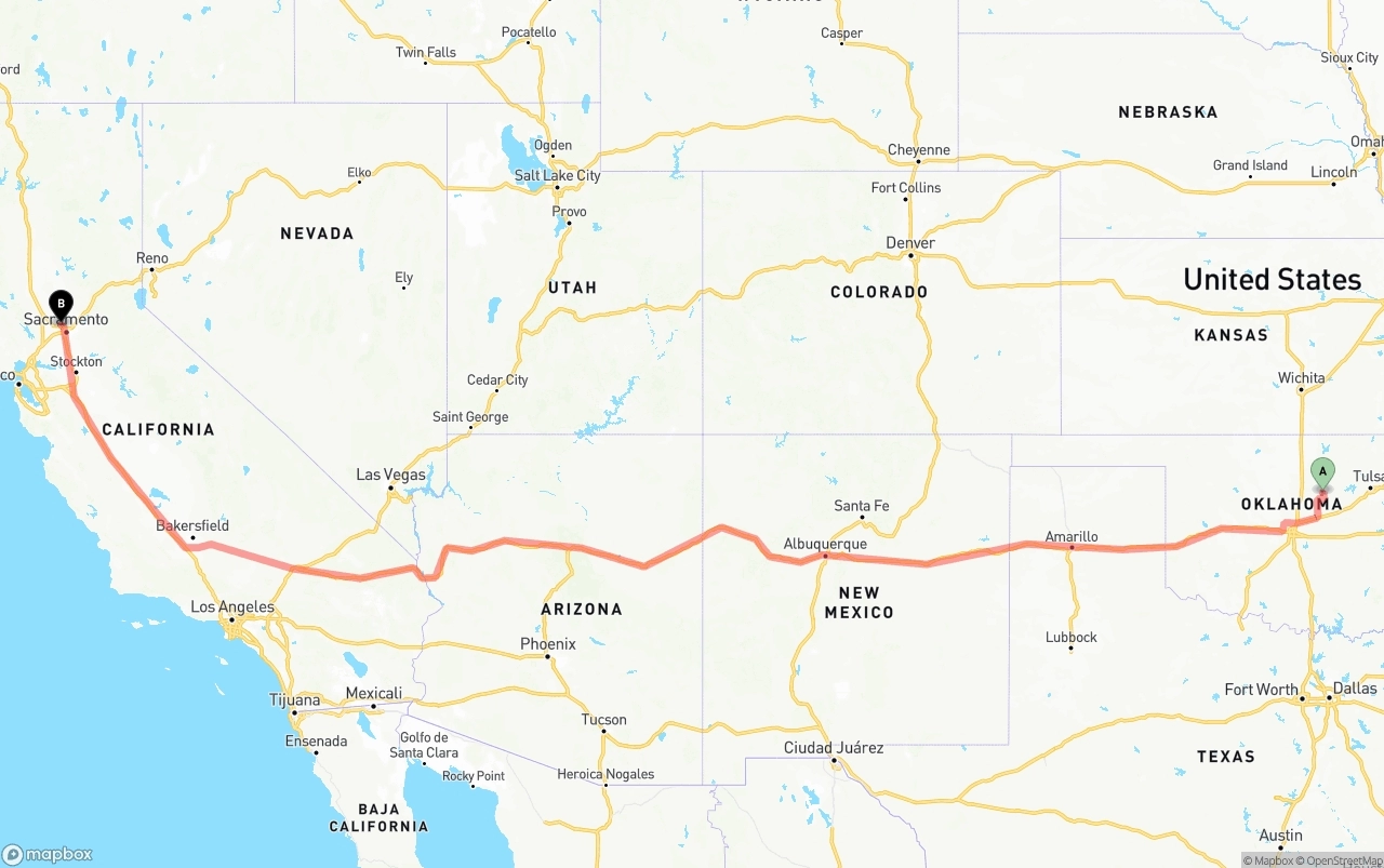 Shipping route from Oklahoma to Sacramento International Airport