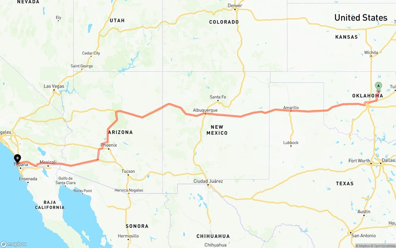 Shipping route from Oklahoma to San Diego International Airport