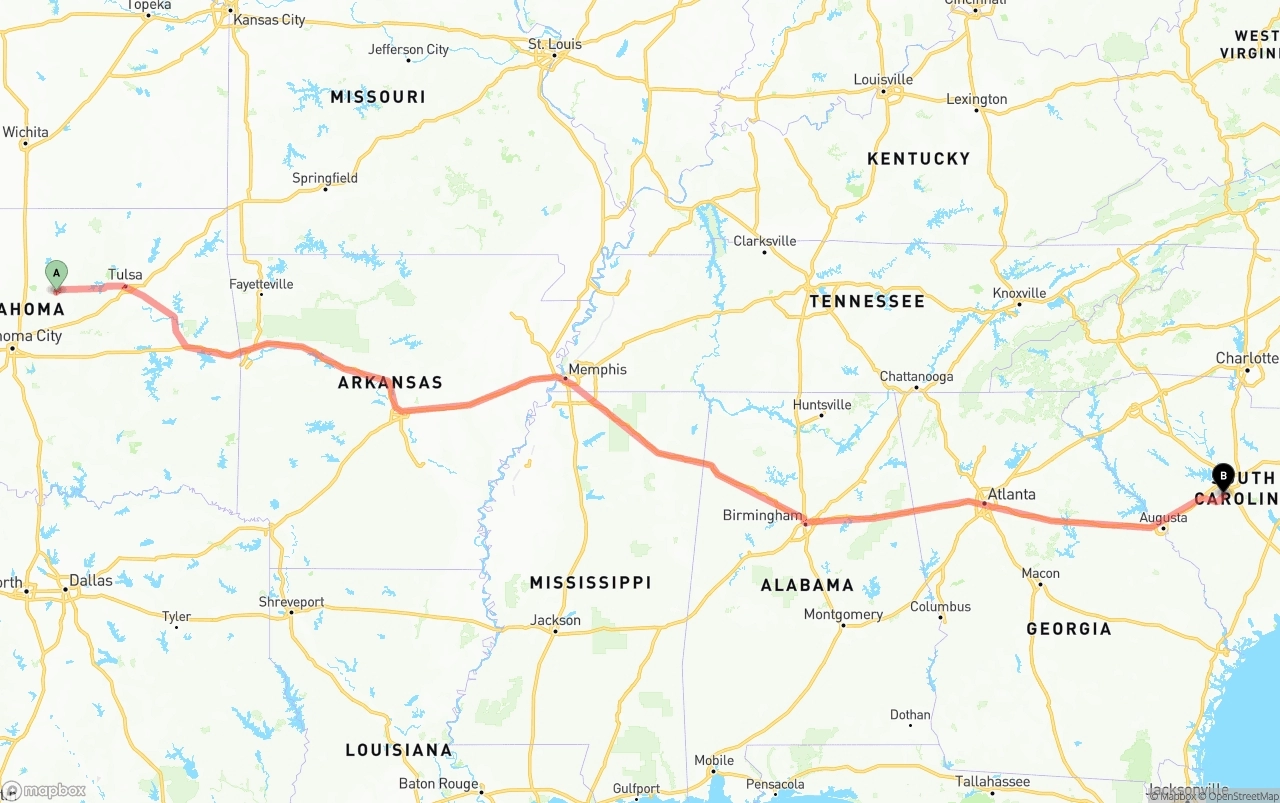 Shipping route from Oklahoma to South Carolina