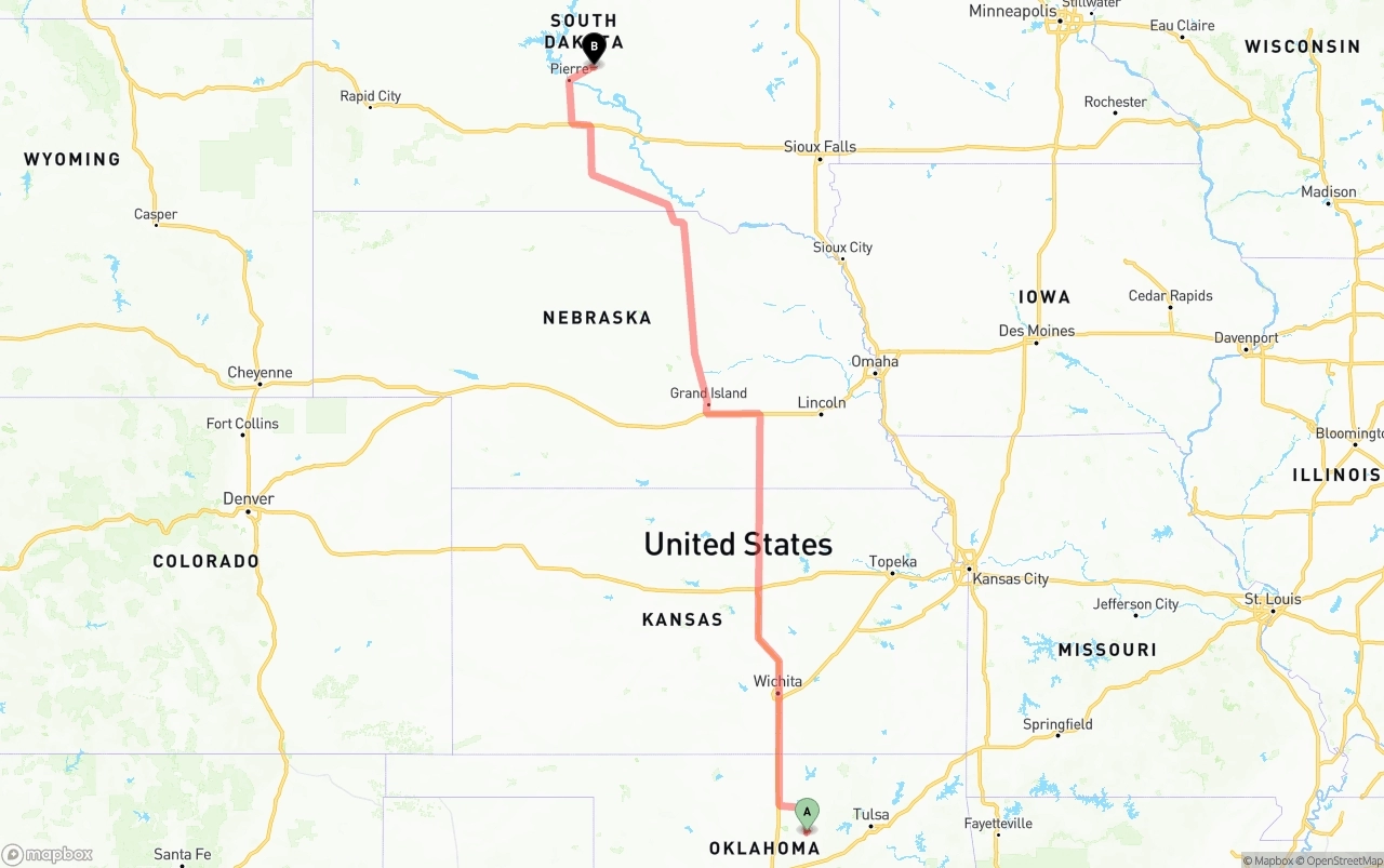Shipping route from Oklahoma to South Dakota