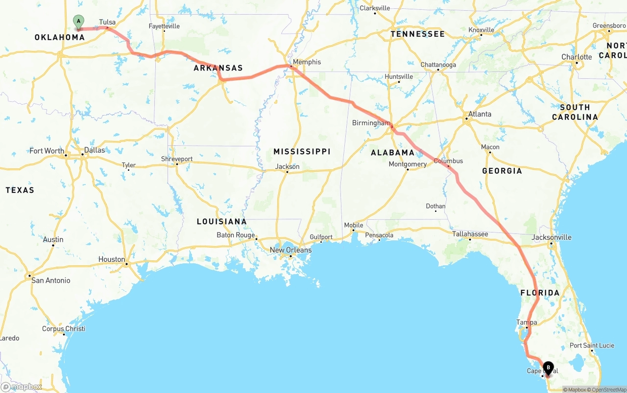 Shipping route from Oklahoma to Southwest Florida International Airport