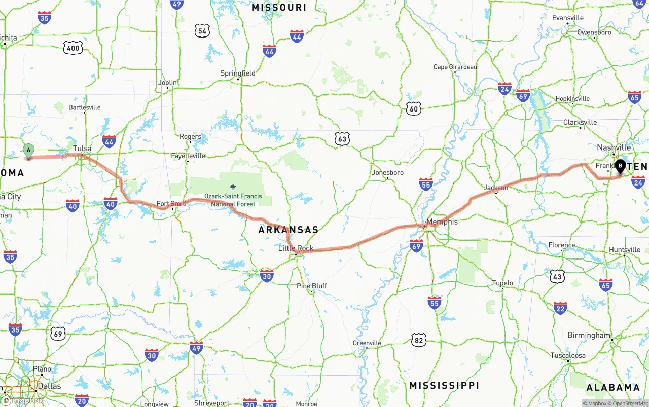 Shipping route from Oklahoma to Tennessee