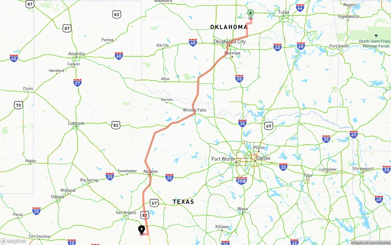 Shipping route from Oklahoma to Texas