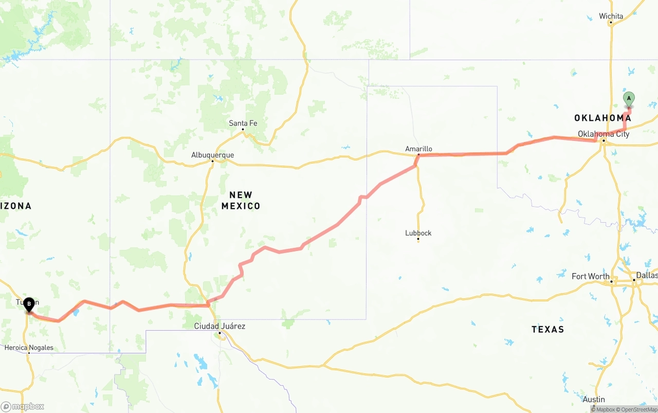 Shipping route from Oklahoma to Tucson International Airport