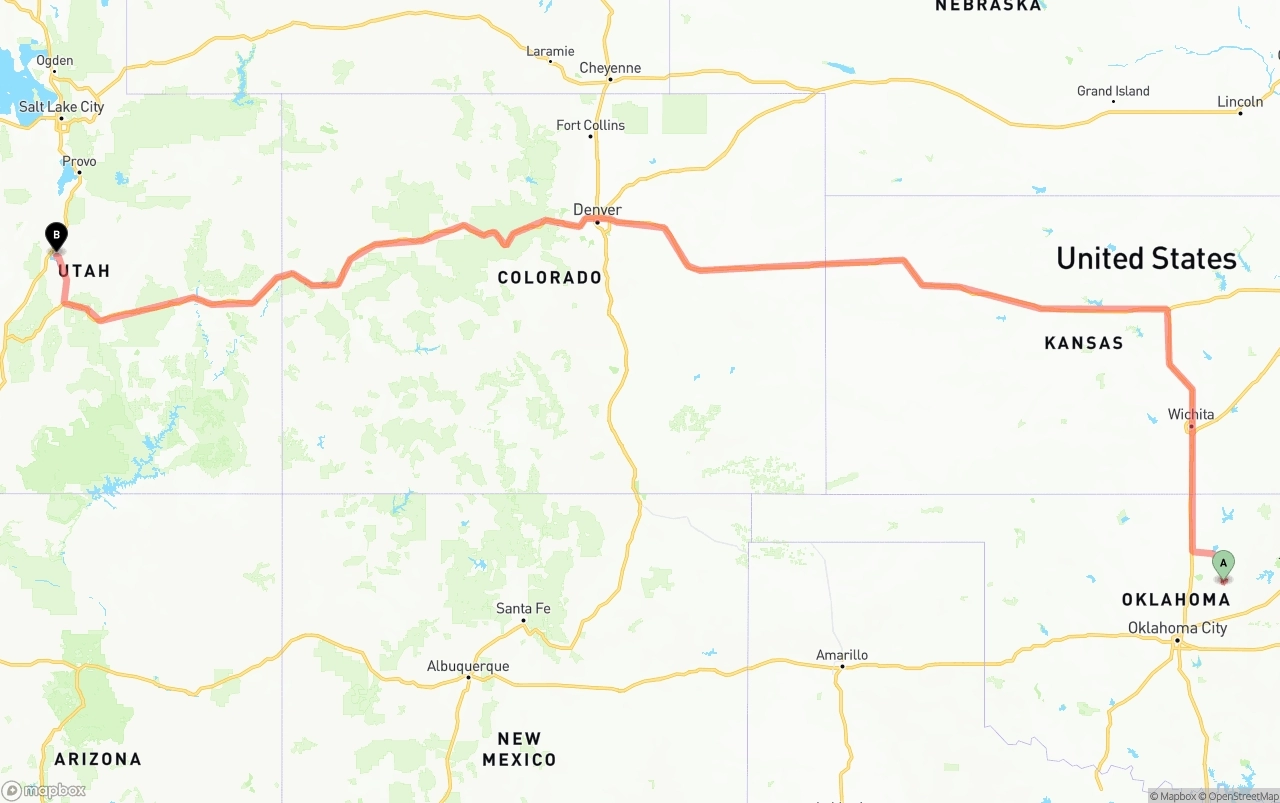 Shipping route from Oklahoma to Utah