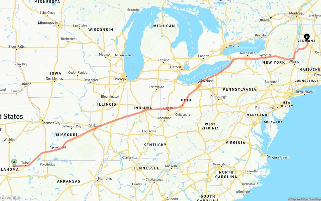 Shipping route from Oklahoma to Vermont