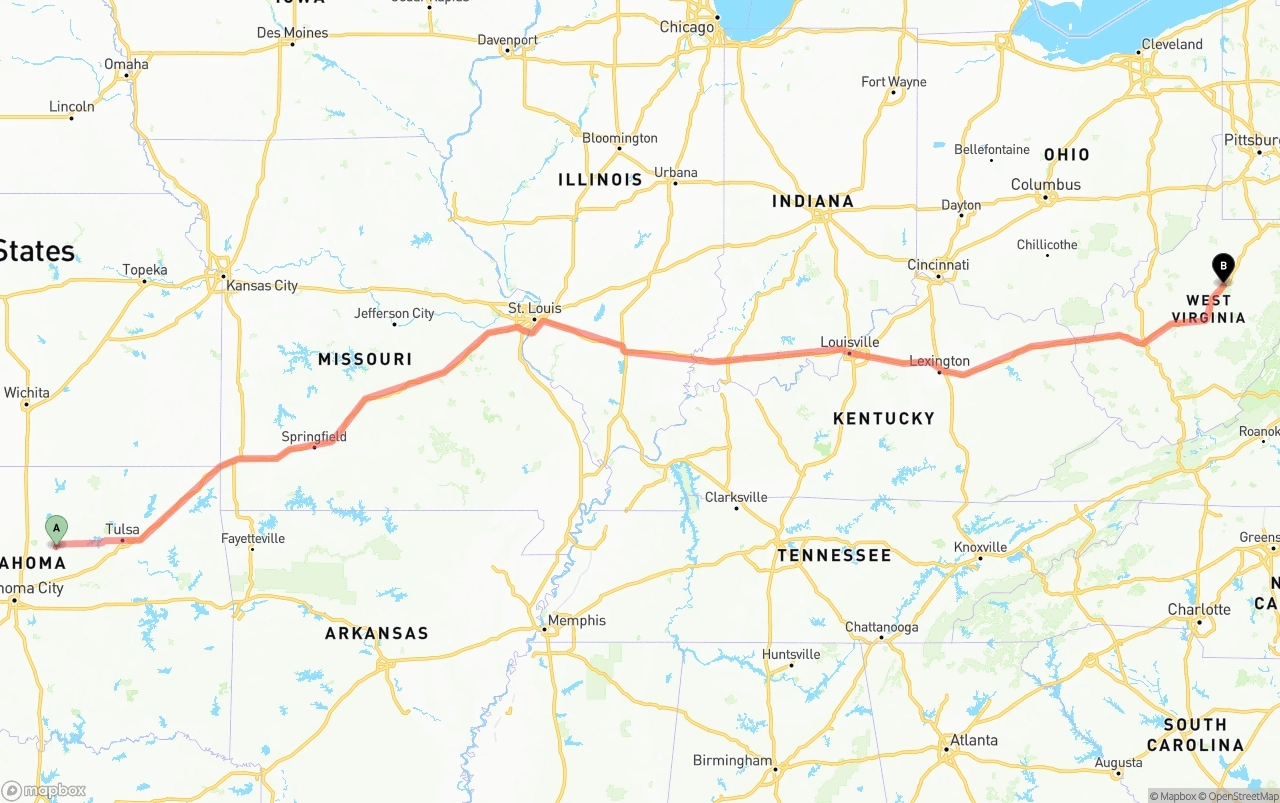 Shipping route from Oklahoma to West Virginia