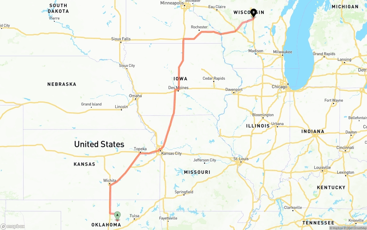 Shipping route from Oklahoma to Wisconsin