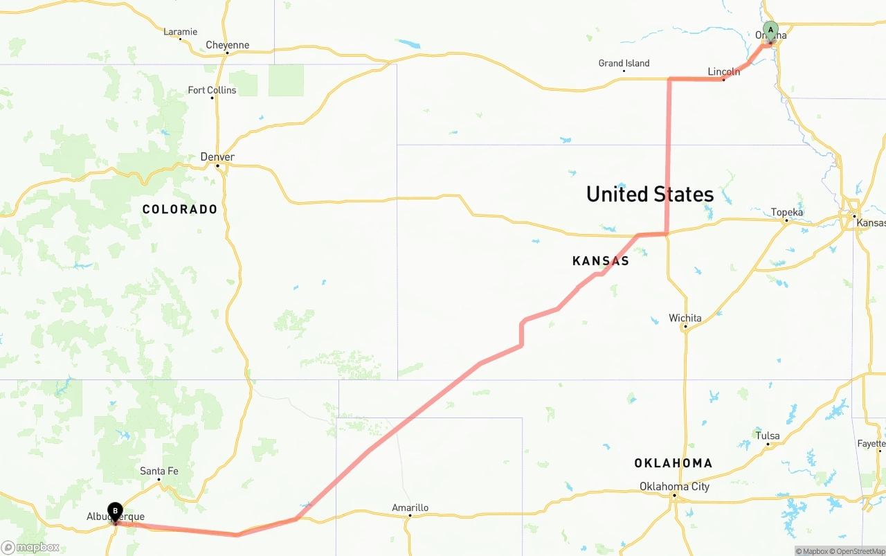 Shipping route from Omaha to Albuquerque