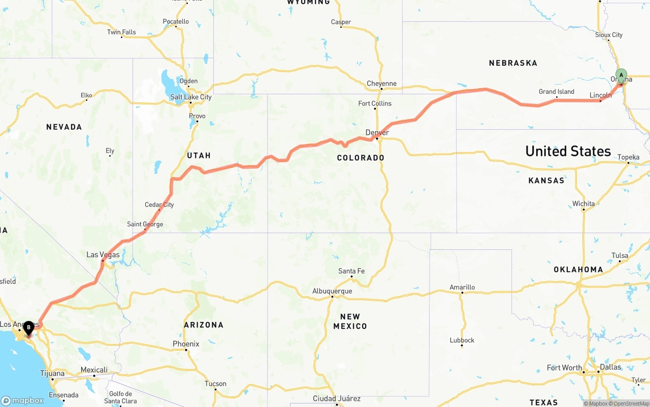 Shipping route from Omaha to Anaheim