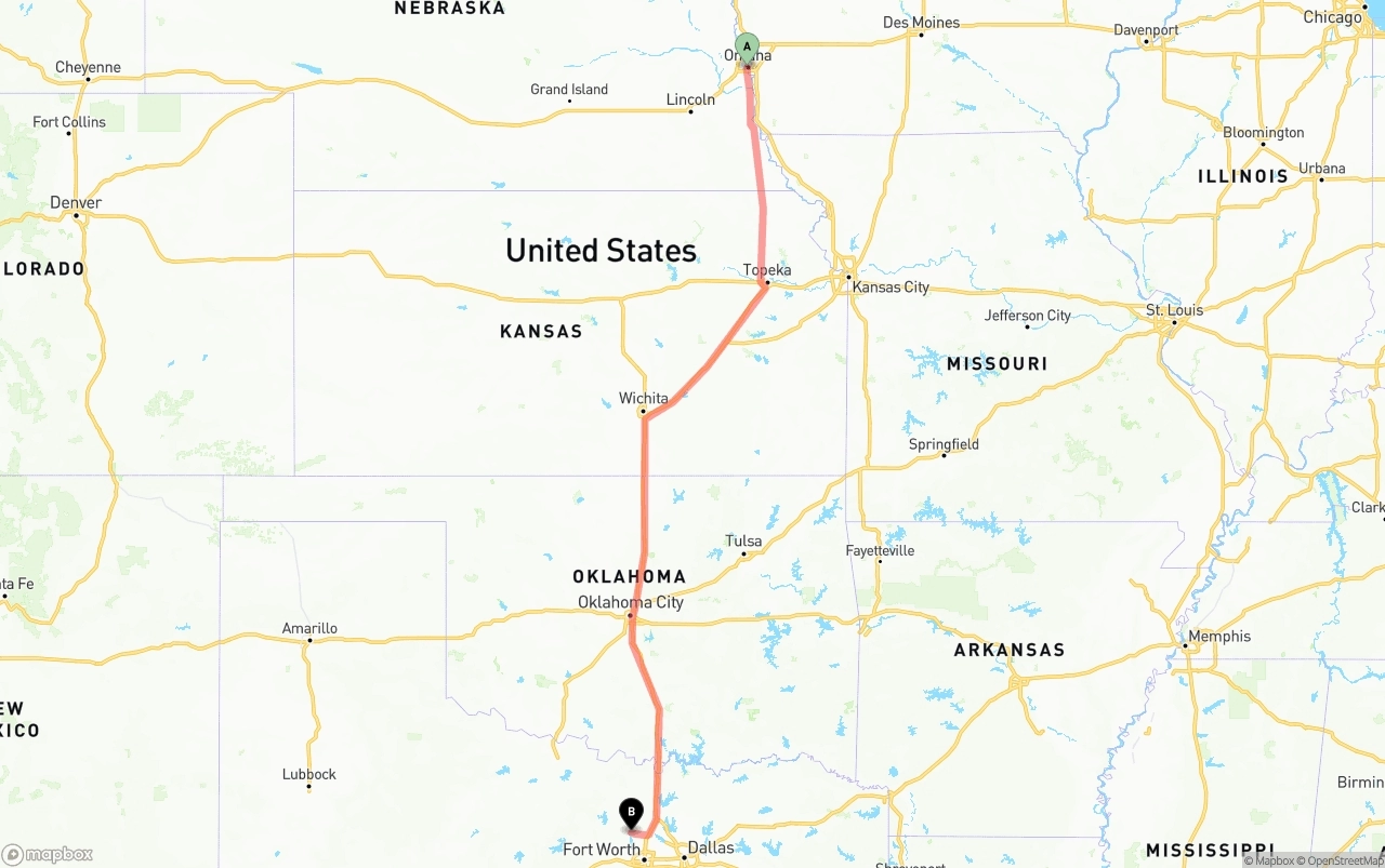 Shipping route from Omaha to Aurora