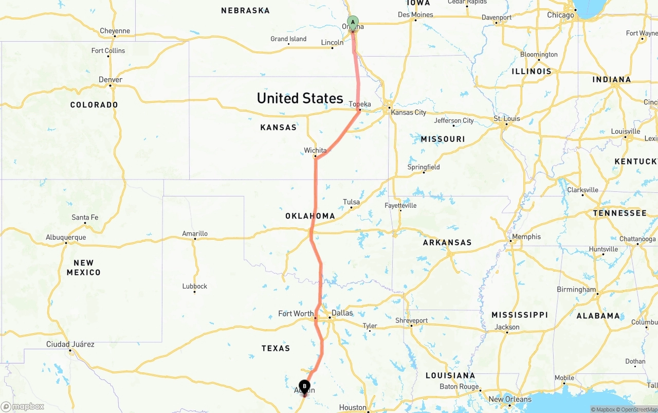 Shipping route from Omaha to Austin