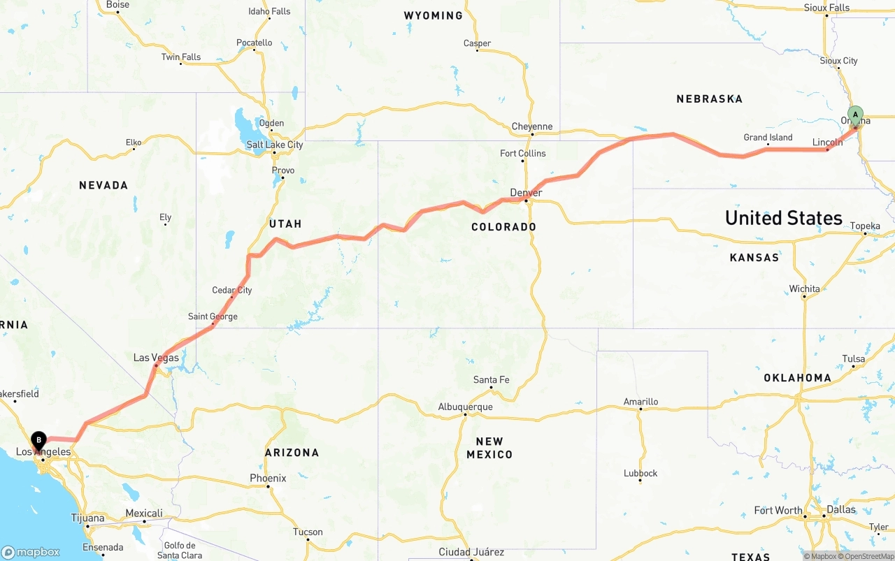Shipping route from Omaha to Bob Hope Airport