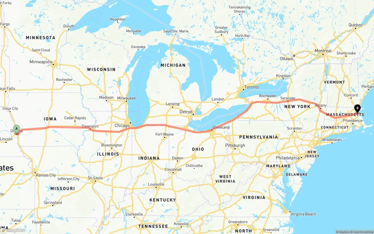 Shipping route from Omaha to Boston