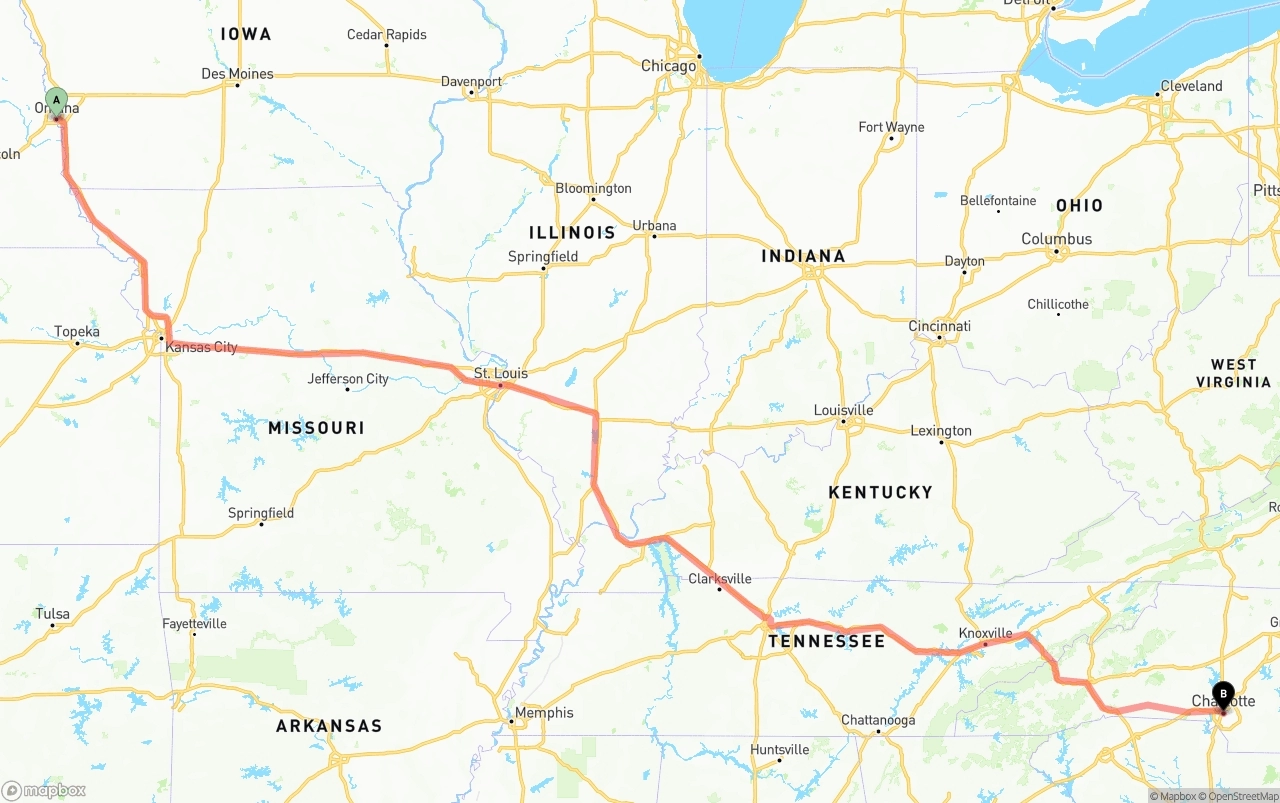 Shipping route from Omaha to Charlotte