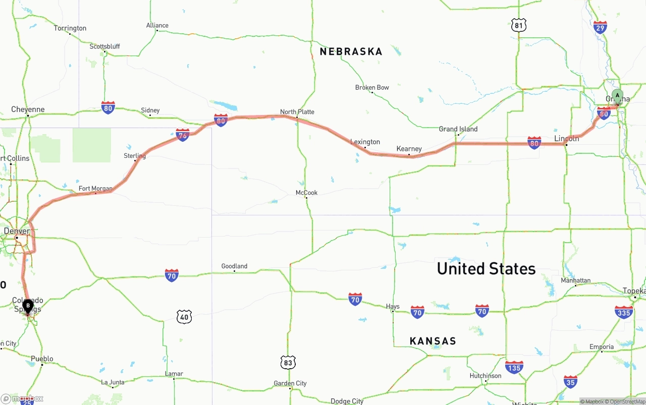 Shipping route from Omaha to Colorado Springs