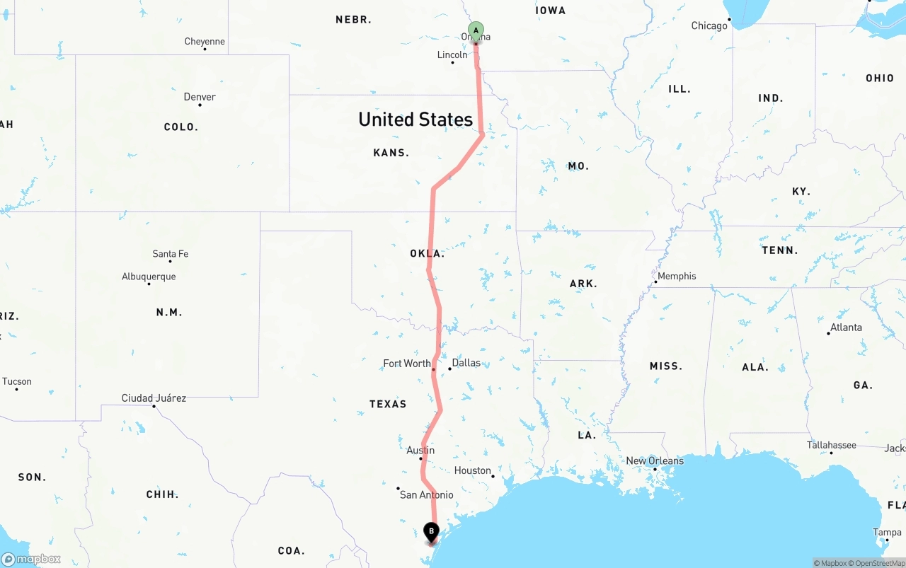 Shipping route from Omaha to Corpus Christi