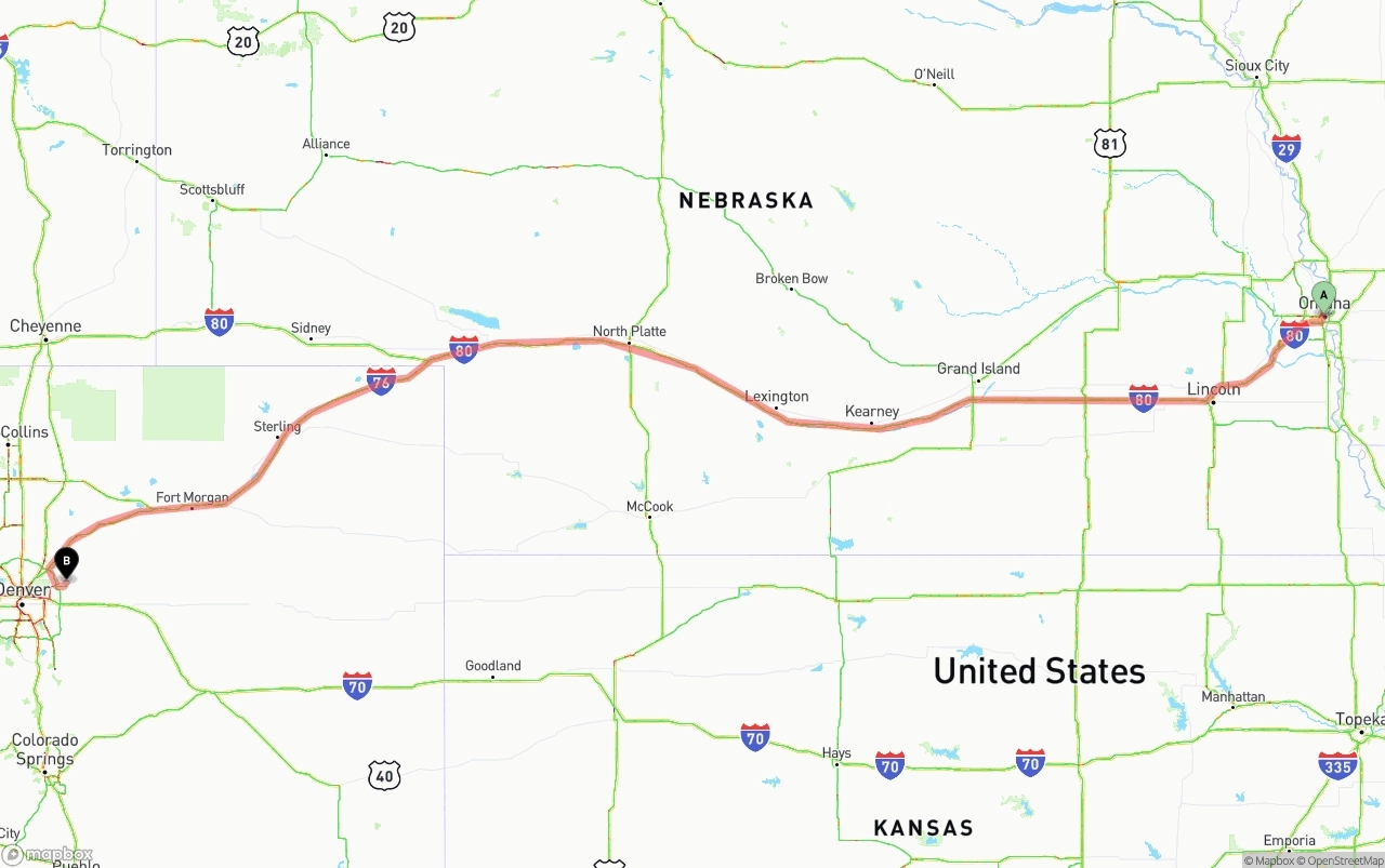 Shipping route from Omaha to Denver International Airport