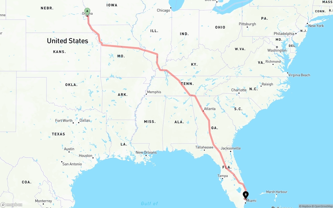 Shipping route from Omaha to Fort Lauderdale-Hollywood International Airport