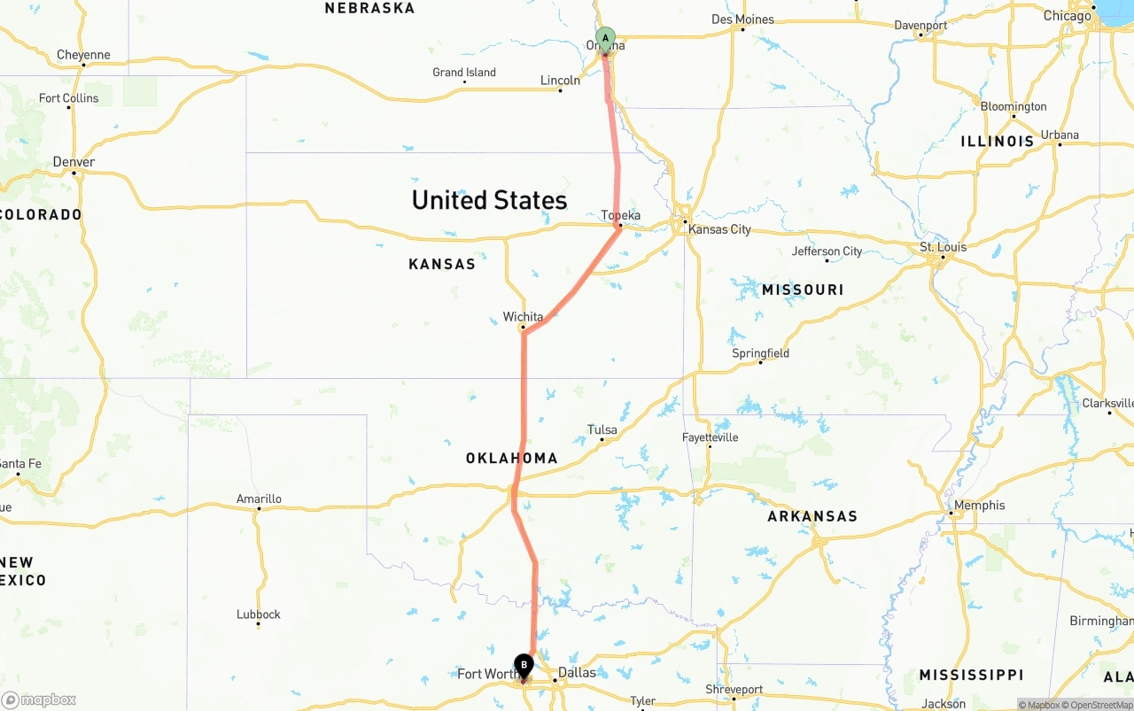 Shipping route from Omaha to Fort Worth