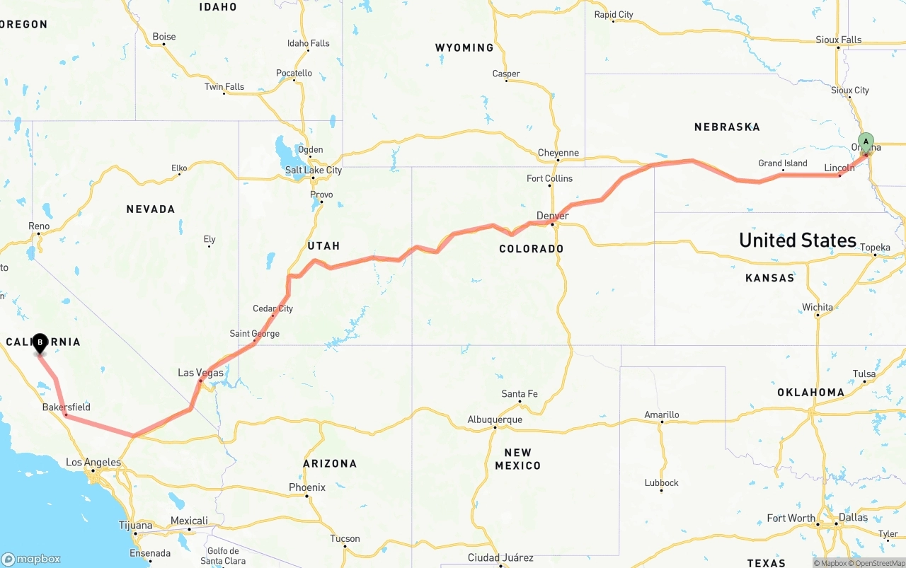 Shipping route from Omaha to Fresno
