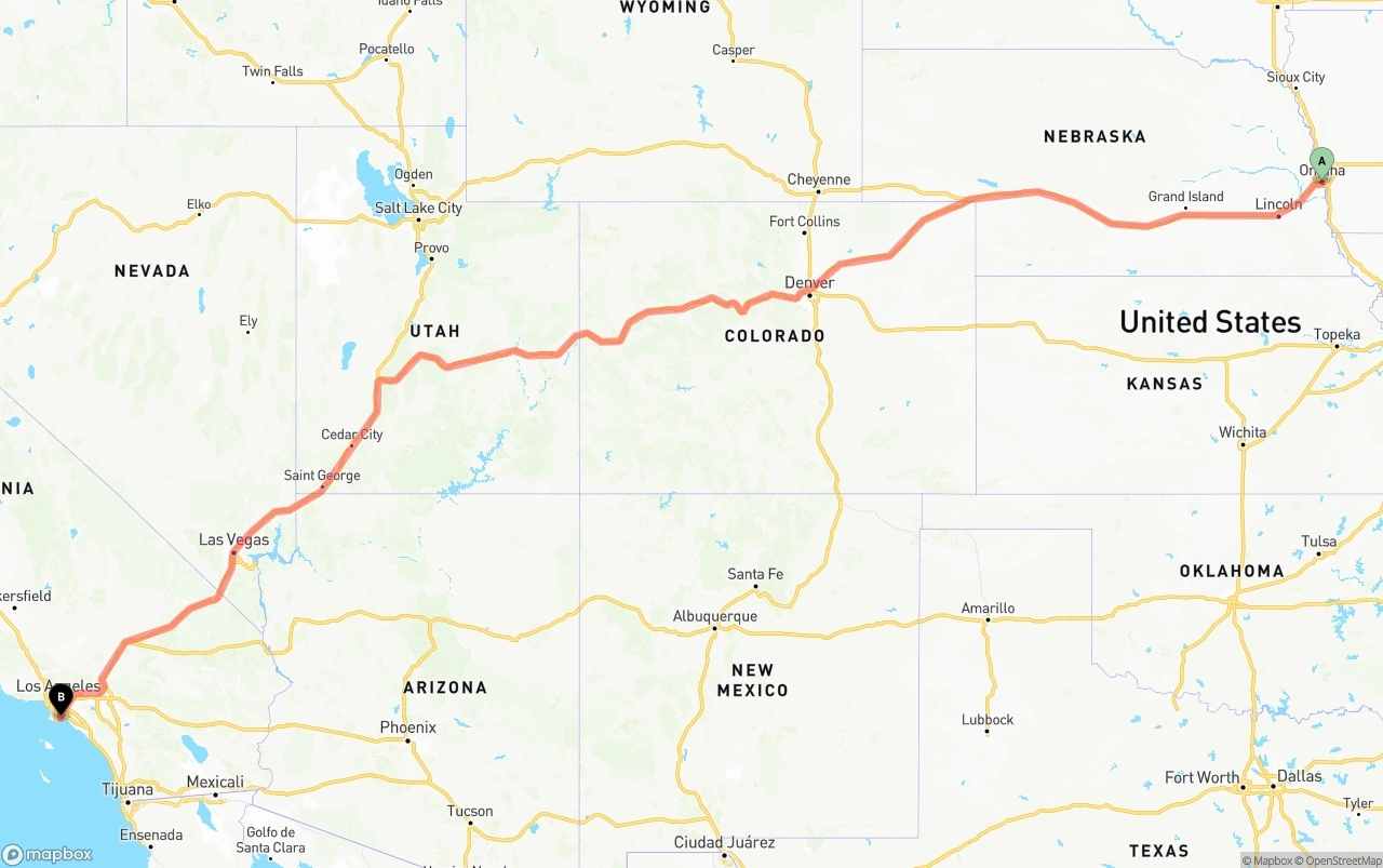 Shipping route from Omaha to Long Beach