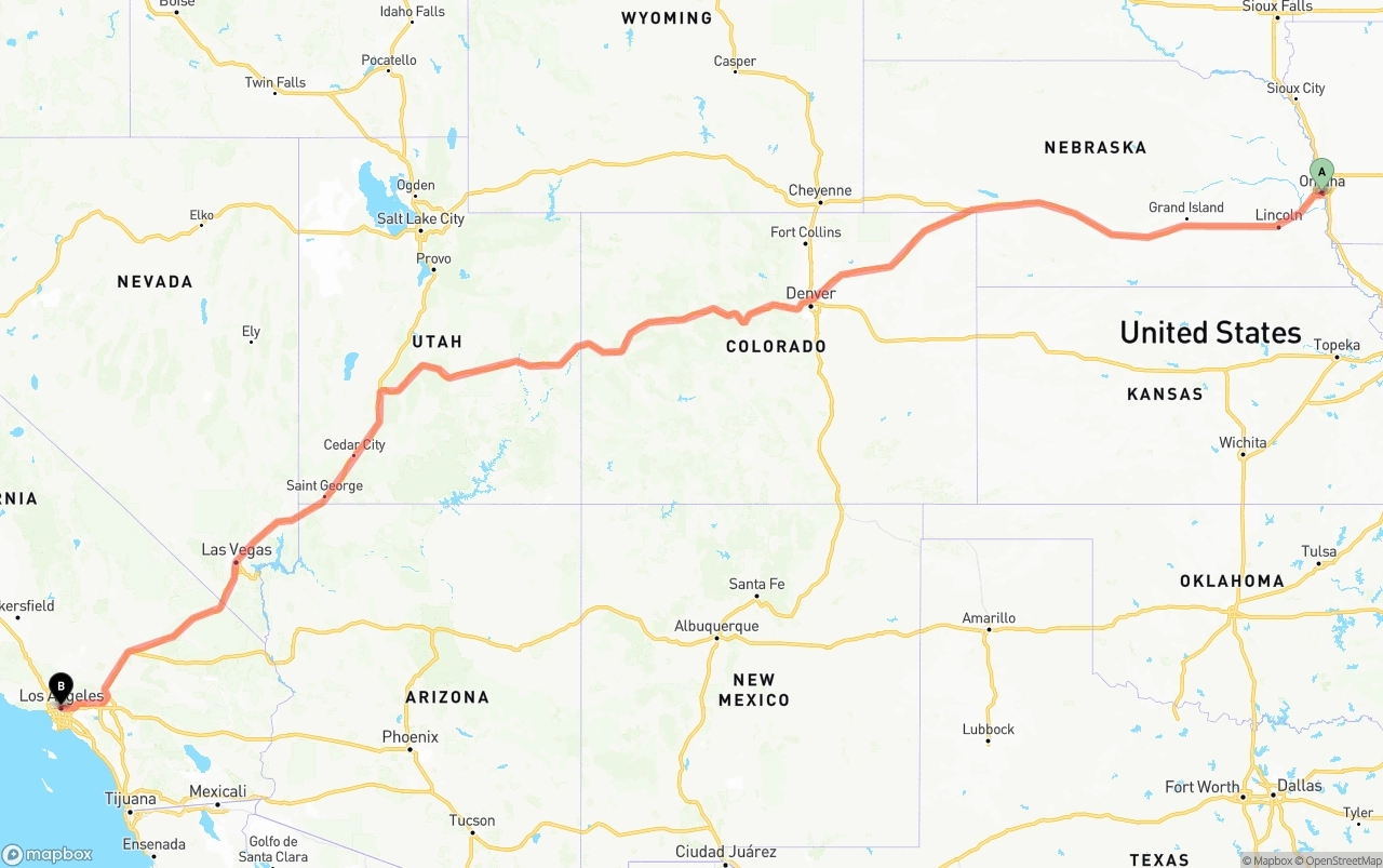 Shipping route from Omaha to Los Angeles