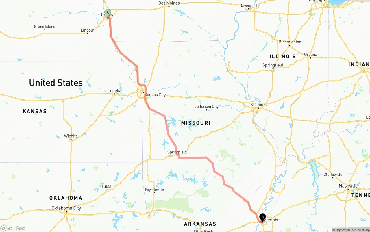 Shipping route from Omaha to Memphis
